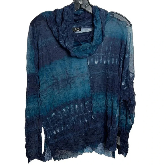 HABITAT  LIV blouse,women NEW! XS Blue,gauzy,crinkle,sheer,mesh,cowl - Picture 1 of 15